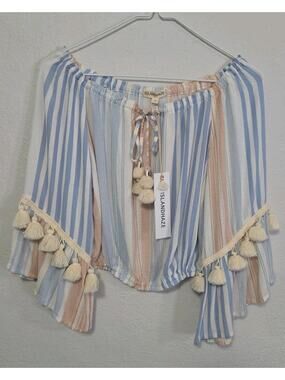 Island Haze Women's Top Size M Rainbow Skyline Tassel Blue Peach Cream Fringe